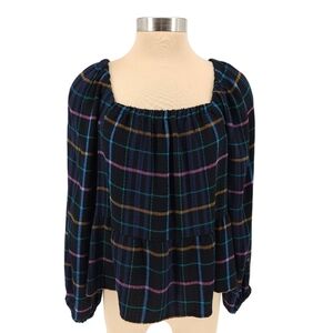Ann Taylor LOFT Peplum Shirt Black Plaid Long Sleeve Square Neck Top XS